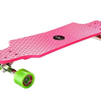 Hudora longboard gördeszka rózsaszín színben zöld kerekekkel kép