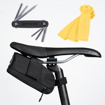 Nyeregtáska EASY M 0,6 l fekete + szerszámkészlet 3 db gumileszedő Rockrider kép